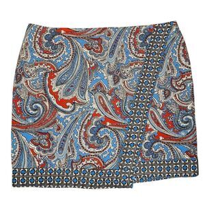 Women's Sz 18 NEW YORK & COMPANY Floral Paisley Faux Wrap Skirt Blue Red Zipper